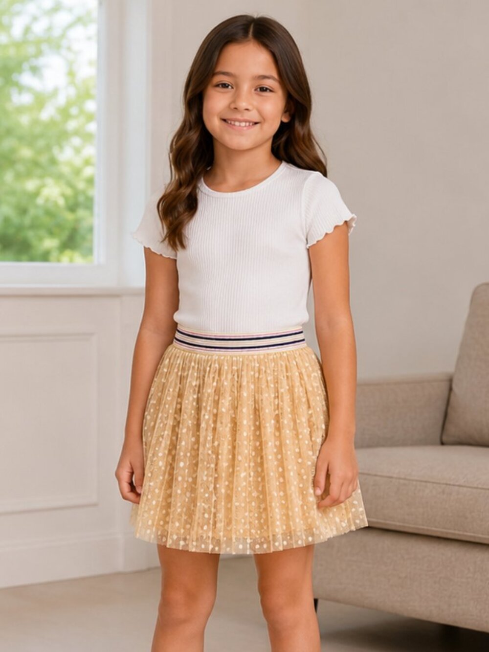 Kiabi Girls Golden Yellow PolkaDot Tulle Skirt Size 6 Rainbow Waistband Like New